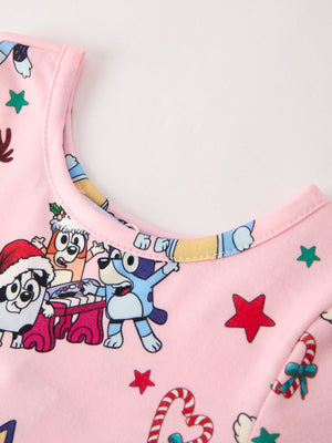 Winter Christmas Character Print  Pink Girls Dress