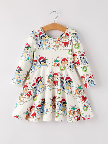 Winter Christmas Character Party Print Girls Dress