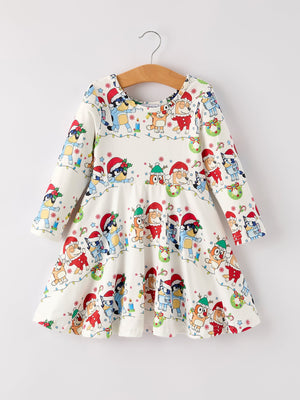 Winter Christmas Character Party Print Girls Dress