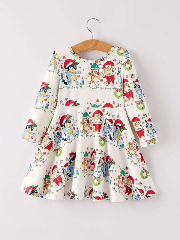 Winter Christmas Character Party Print Girls Dress