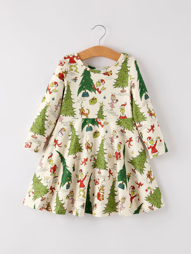 Winter Christmas Tree Character Print  Green Girls Dress