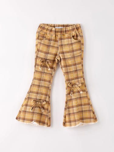 Autumn plaid girls jeans in yellow and brown for Thanksgiving and Halloween celebrations.