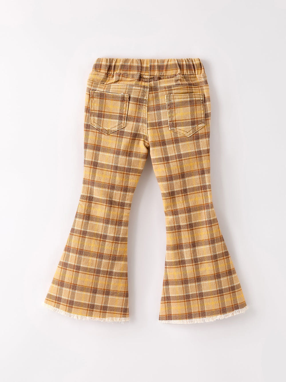Autumn plaid girls jeans in yellow and brown for Thanksgiving and Halloween celebrations.