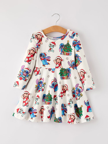 Winter Christmas Tree Character Print Girls Long Sleeve Casual Dress