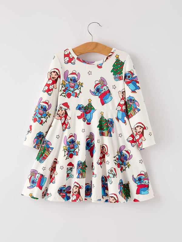 Winter Christmas Tree Character Print Girls Long Sleeve Casual Dress