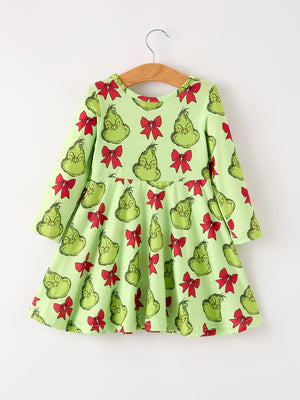 Winter Christmas Tree Bow Character Print  Green Girls Dress