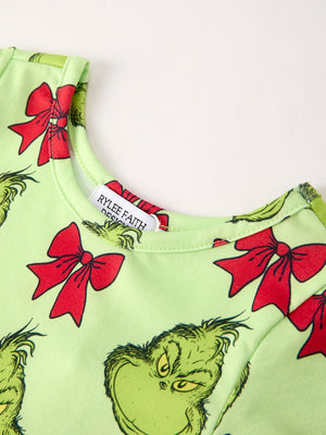 Winter Christmas Tree Bow Character Print  Green Girls Dress