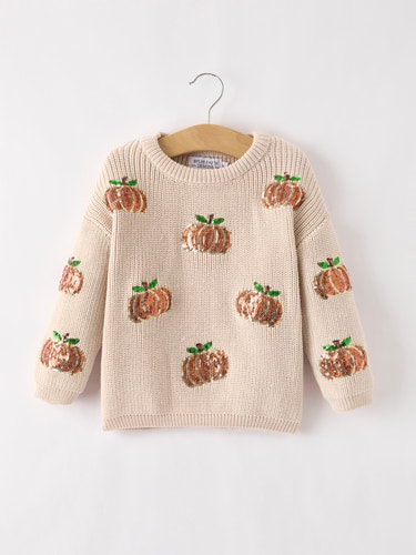 Thanksgiving Pumpkin Sequin Sweater – Beige, Perfect for Fall