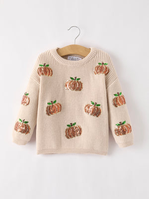 Thanksgiving Pumpkin Sequin Sweater – Beige, Perfect for Fall
