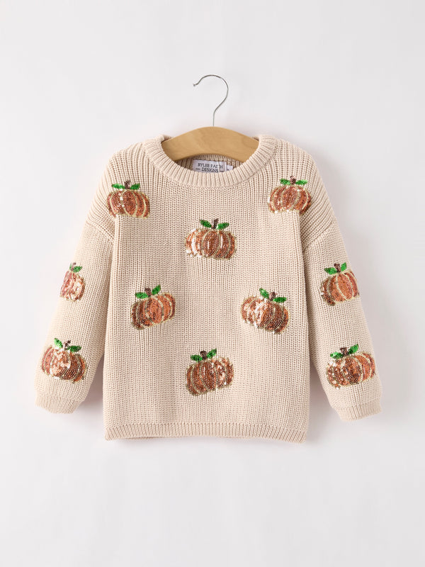 Thanksgiving Pumpkin Sequin Sweater – Beige, Perfect for Fall