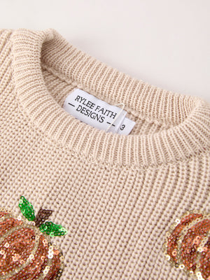 Thanksgiving Pumpkin Sequin Sweater – Beige, Perfect for Fall