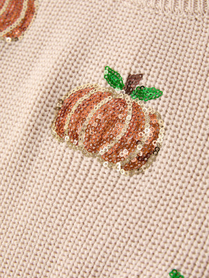 Thanksgiving Pumpkin Sequin Sweater – Beige, Perfect for Fall
