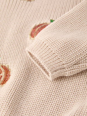Thanksgiving Pumpkin Sequin Sweater – Beige, Perfect for Fall