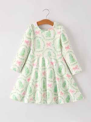 Festive Christmas Tree & Wreath Girls Dress