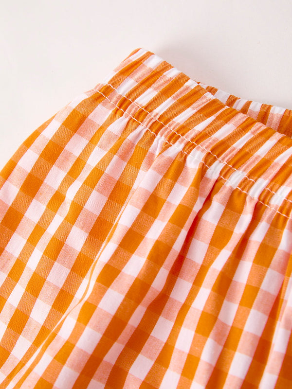 Fall Turkey Embroidered Boy Set – Orange Checkered with Halloween Details