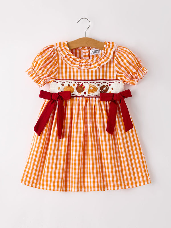 Fall Turkey Embroidered Dress for Girls – Orange Checkered with Thanksgiving Details