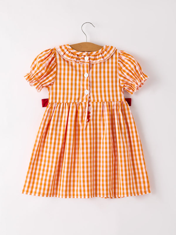 Fall Turkey Embroidered Dress for Girls – Orange Checkered with Thanksgiving Details