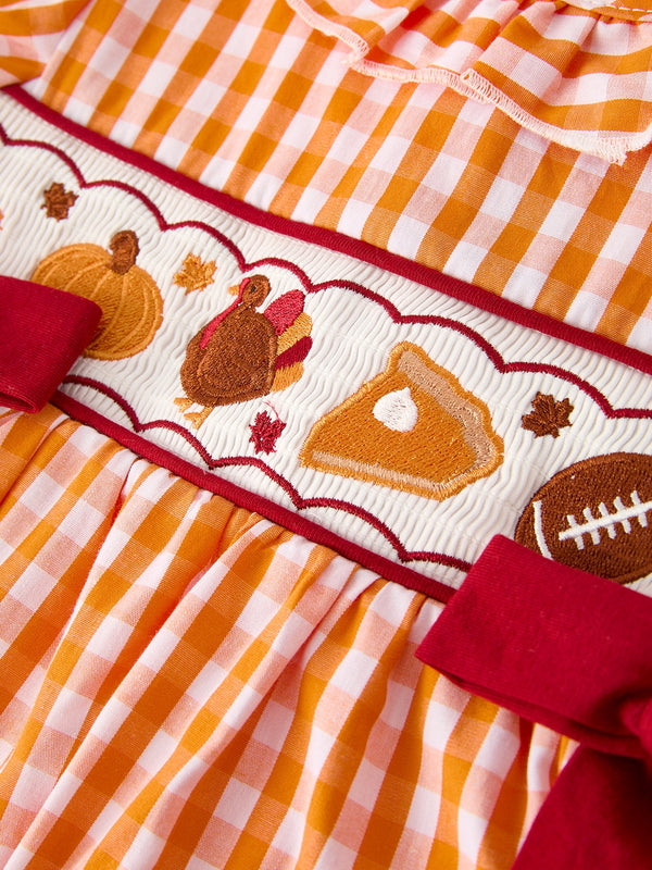 Fall Turkey Embroidered Dress for Girls – Orange Checkered with Thanksgiving Details