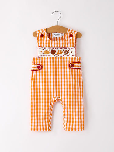 Fall Turkey Embroidered Romper for Baby Boys – Orange Checkered with Thanksgiving Details