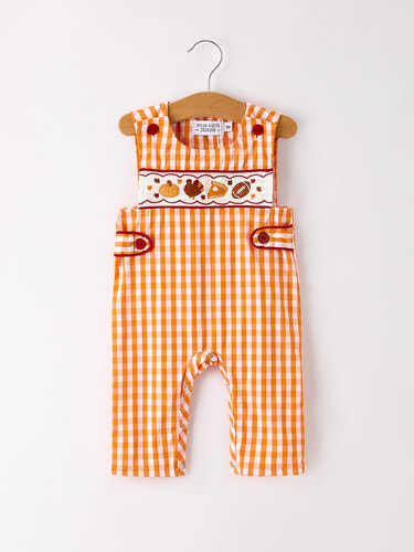 Fall Turkey Embroidered Romper for Baby Boys – Orange Checkered with Halloween Details