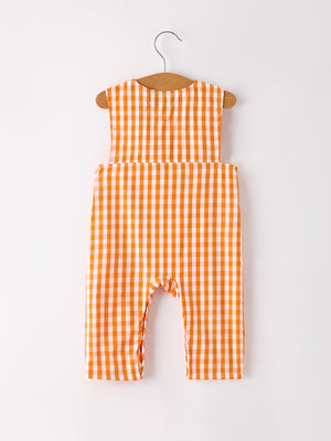 Fall Turkey Embroidered Romper for Baby Boys – Orange Checkered with Halloween Details