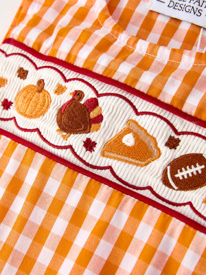 Fall Turkey Embroidered Romper for Baby Boys – Orange Checkered with Halloween Details