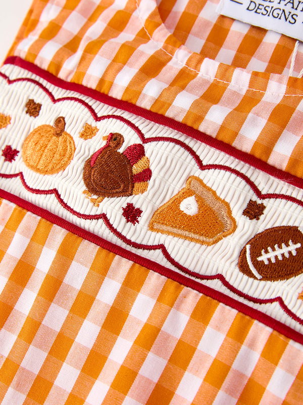 Fall Turkey Embroidered Romper for Baby Boys – Orange Checkered with Halloween Details