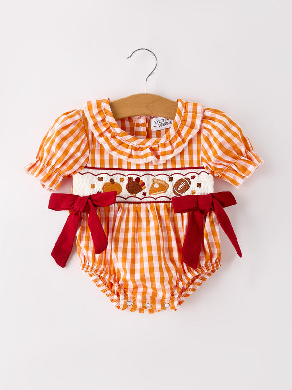 Turkey Fall Embroidered Romper for Baby Girls – Orange Checkered with Halloween Details