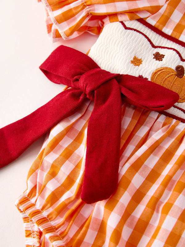 Turkey Fall Embroidered Romper for Baby Girls – Orange Checkered with Halloween Details