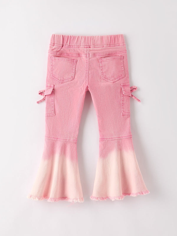 Pink Bell Bottom Jeans – Frayed Hem with Cargo Pockets