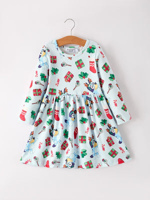 Christmas Characters and Gift Print Girls Dress