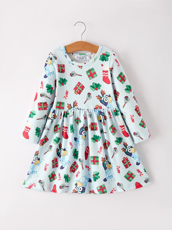 Christmas Characters and Gift Print Girls Dress