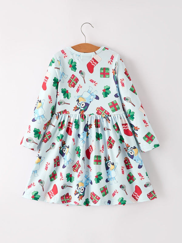Christmas Characters and Gift Print Girls Dress