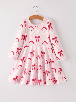 Winter Christmas Pink Santa and Bow Holiday Girls Dress