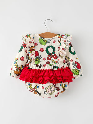 Christmas Character Print Baby Girls Romper with Red Bow Detail