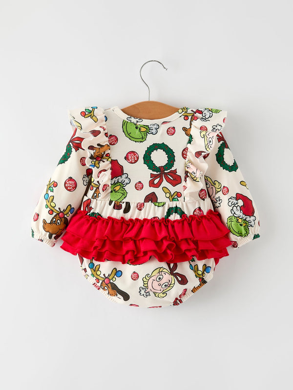 Christmas Character Print Baby Girls Romper with Red Bow Detail