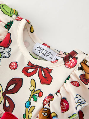 Christmas Character Print Baby Girls Romper with Red Bow Detail