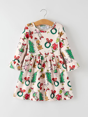 Christmas Character Print  Girls Dress with Ruffle Sleeves