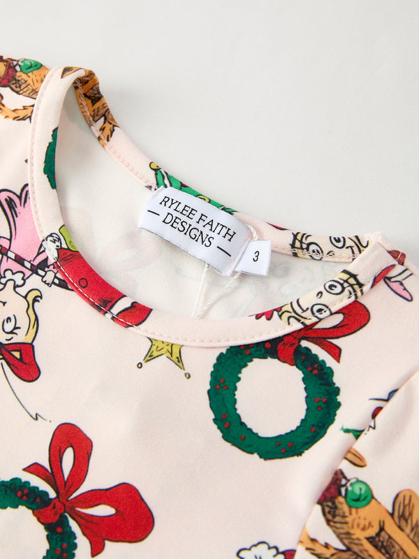 Christmas Character Print  Girls Dress with Ruffle Sleeves