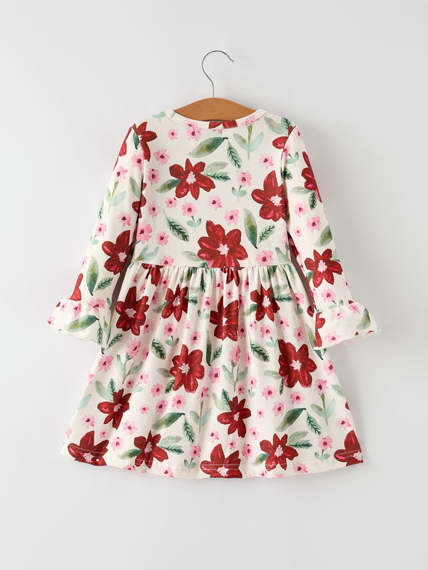 Christmas Girls' Long Sleeve Floral Dress – Red and Pink
