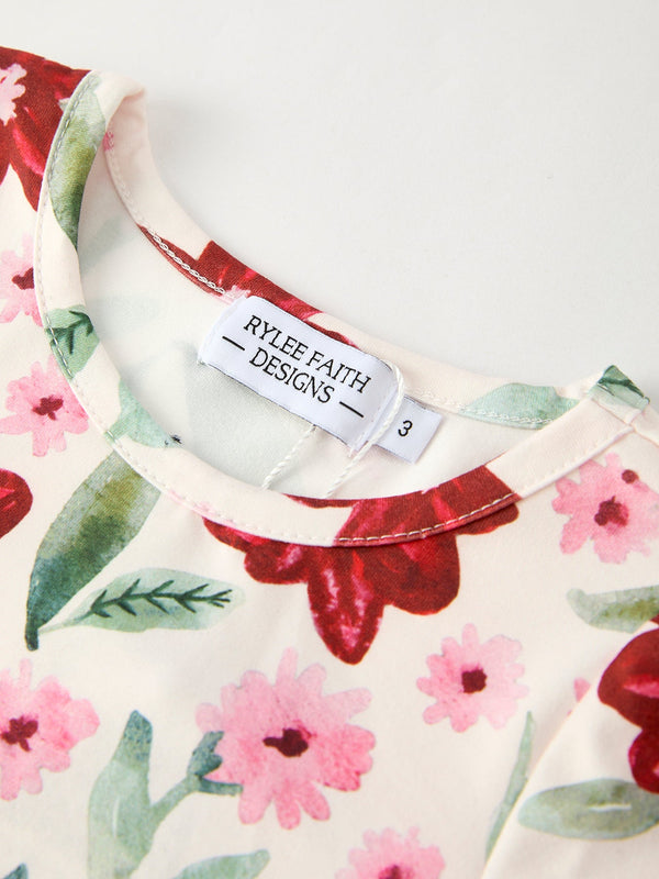 Christmas Girls' Long Sleeve Floral Dress – Red and Pink