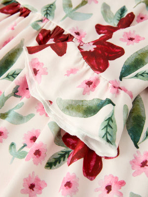 Christmas Girls' Long Sleeve Floral Dress – Red and Pink