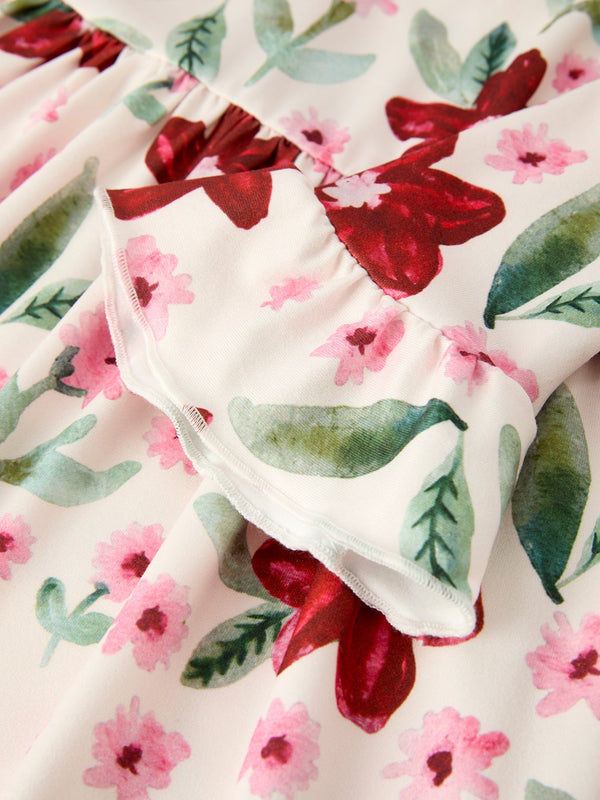 Christmas Girls' Long Sleeve Floral Dress – Red and Pink