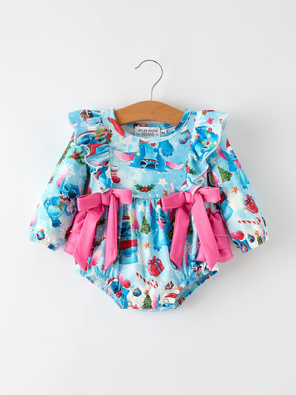 Christmas Baby Girls Bow Romper with Ruffle Detail