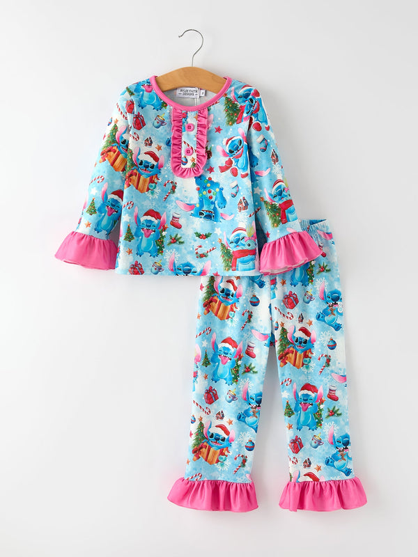 Christmas Girls Pajama Set with Ruffle Detail and Buttoned Top