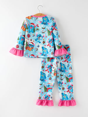 Christmas Girls Pajama Set with Ruffle Detail and Buttoned Top