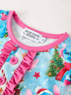 Christmas Girls Pajama Set with Ruffle Detail and Buttoned Top