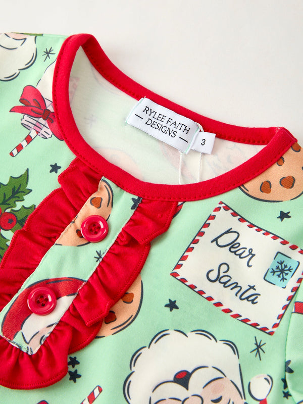 Christmas Santa and Cookie Print Girls Pajamas with Red Ruffle