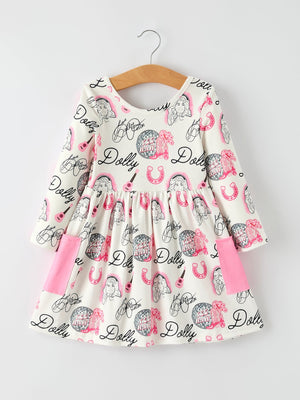 Pink Dolly Pattern Long Sleeve Dress – Cute Cowgirl Style for Girls