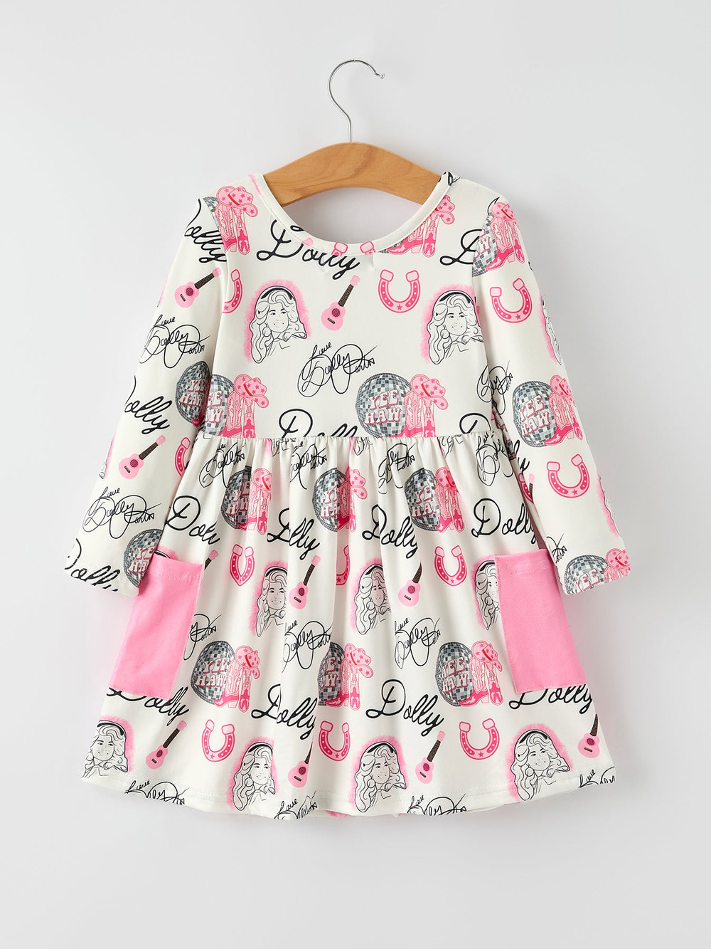 Pink Dolly Pattern Long Sleeve Dress – Cute Cowgirl Style for Girls